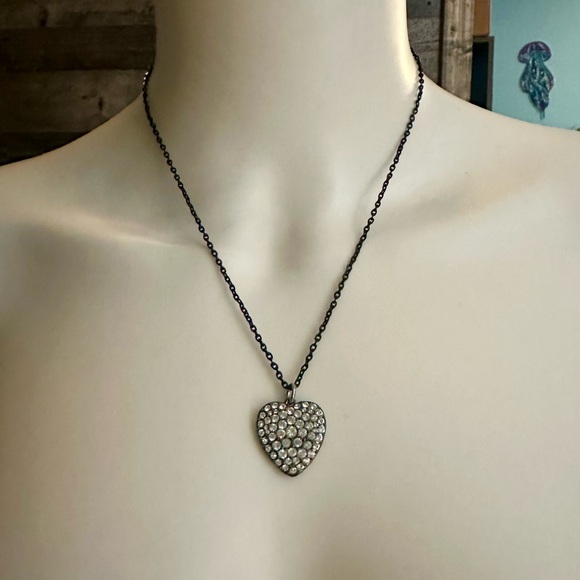 Gorgeous Pave Crystal Heart Gunmetal Pendant on Black Necklace - Picture 2 of 8